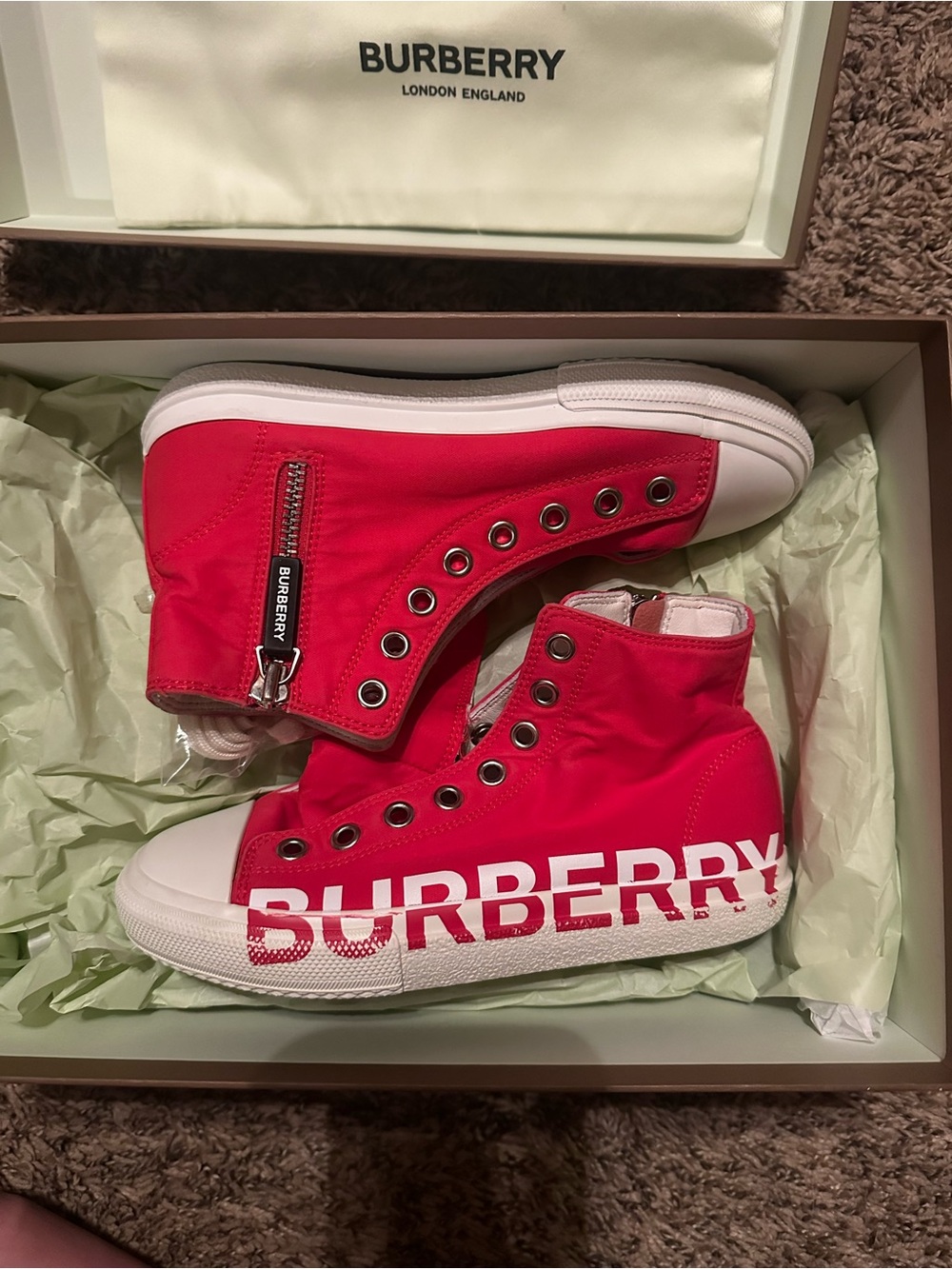 Burberry Red High-Top Canvas Sneakers with Side Zipper